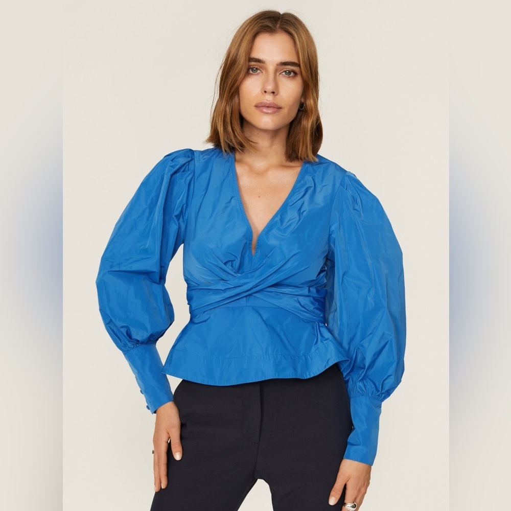 Veronica Beard Seema Bluebell Blue Twist Front Puff Sleeve Blouse Size 4 (Flaw)
